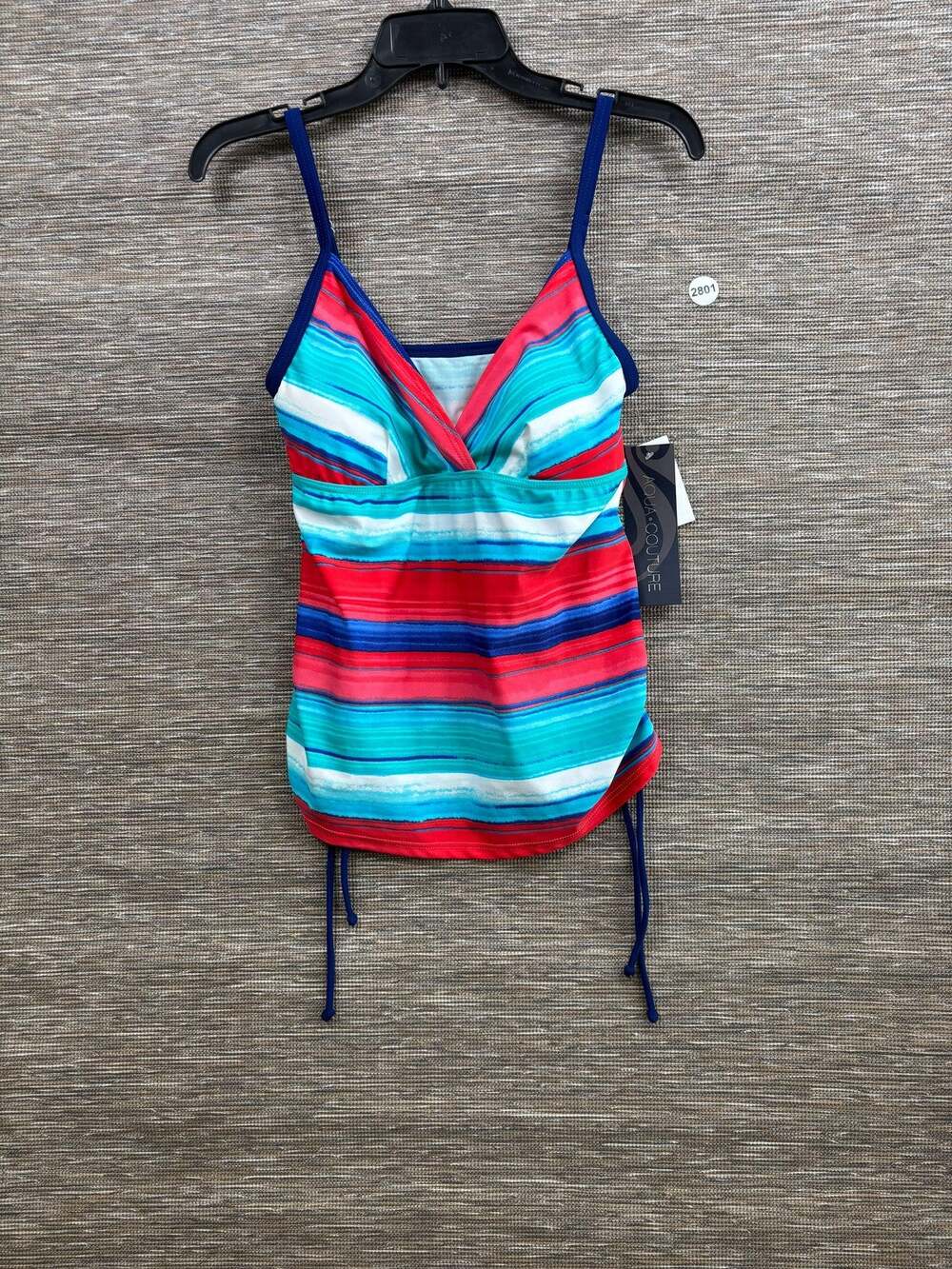 Aqua Couture Tankini Swimsuit Top Womens Size 12 Multicolor Stripe Side Tie NEW